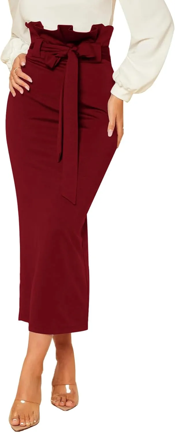 Rooscier Women's Ruffle High Waist Self Tie Belt Straight Elegant Party Long Skirt