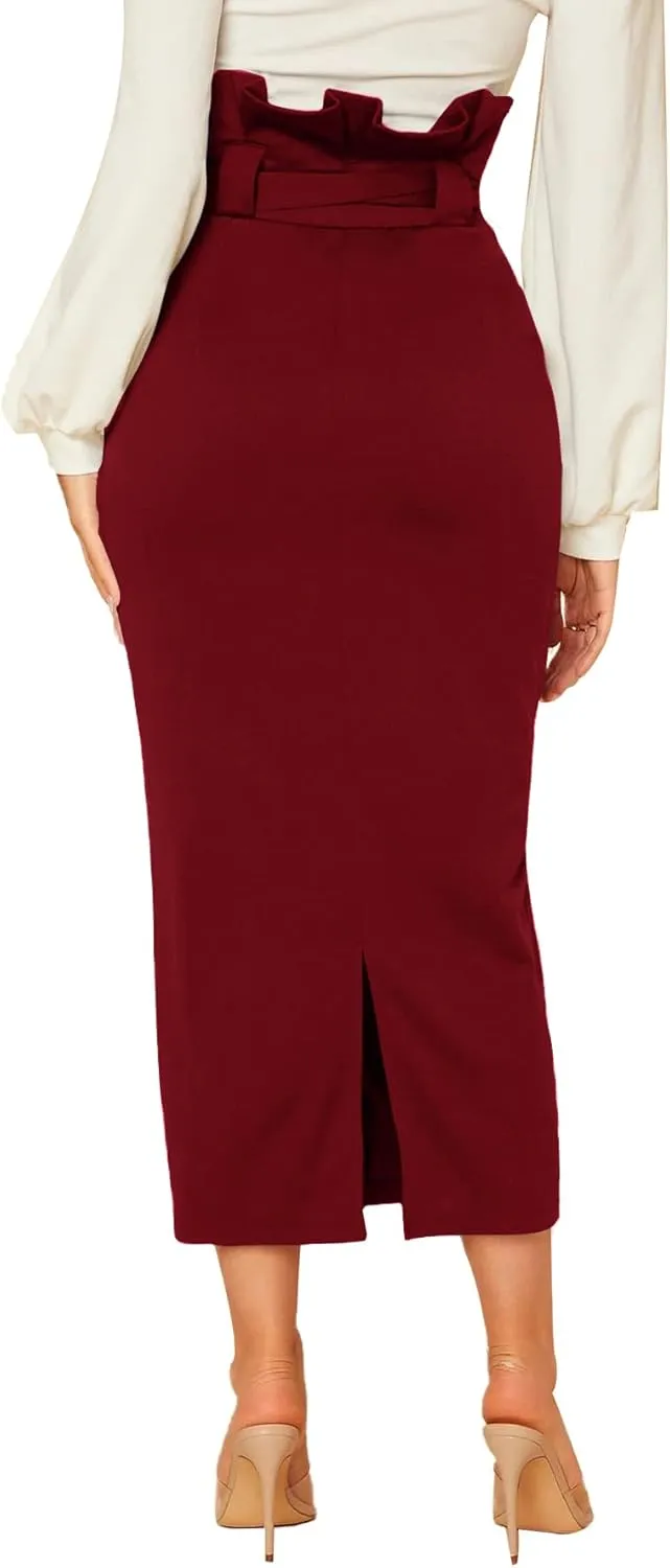 Rooscier Women's Ruffle High Waist Self Tie Belt Straight Elegant Party Long Skirt