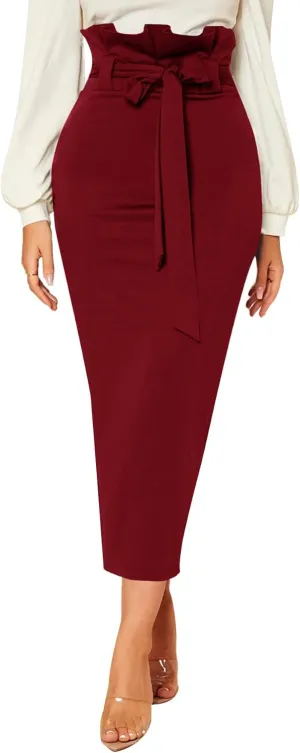 Rooscier Women's Ruffle High Waist Self Tie Belt Straight Elegant Party Long Skirt