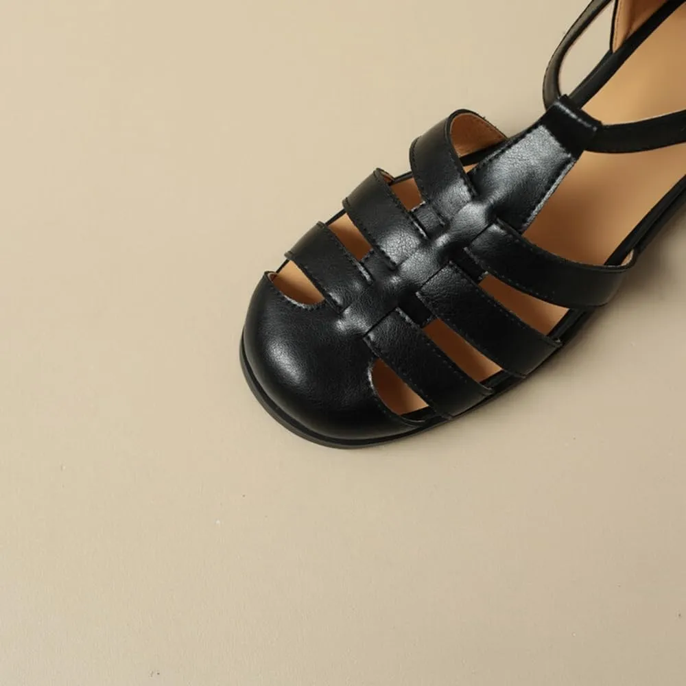 Round toe thick heeled Retro Roman sandals Women Fisherman Multi Strap Buckle big size shoes