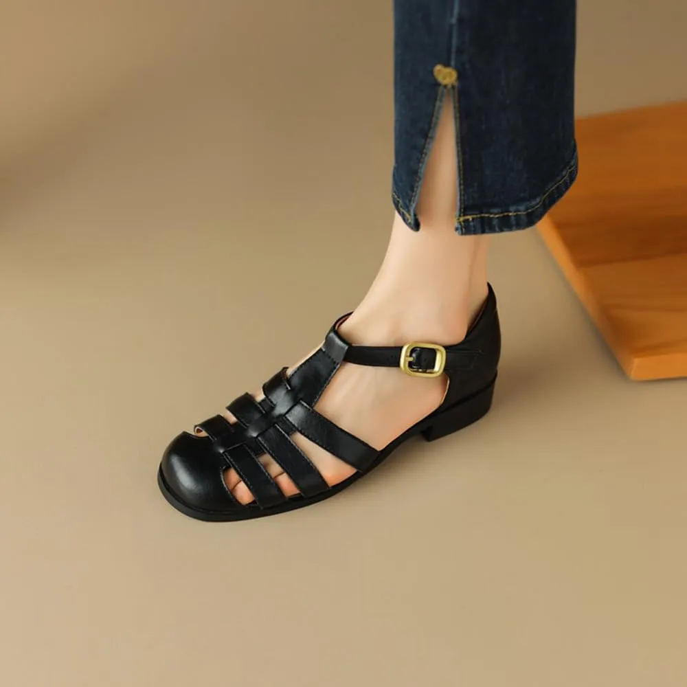 Round toe thick heeled Retro Roman sandals Women Fisherman Multi Strap Buckle big size shoes