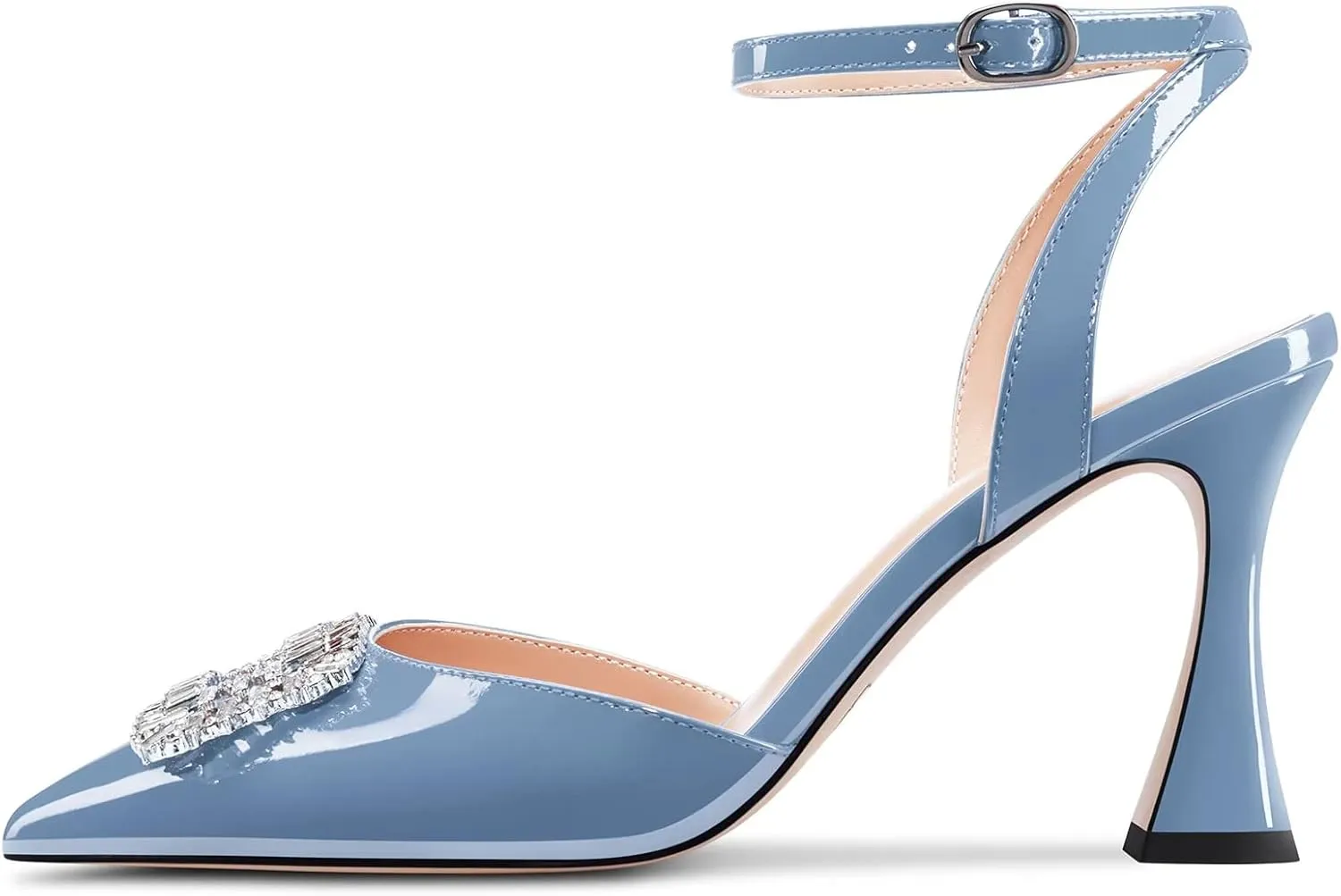 Saekcted Women Chunky Block High Heel Pointed Toe Sandals Ankle Strap Rhinestone Crystal Party Cute Shoes