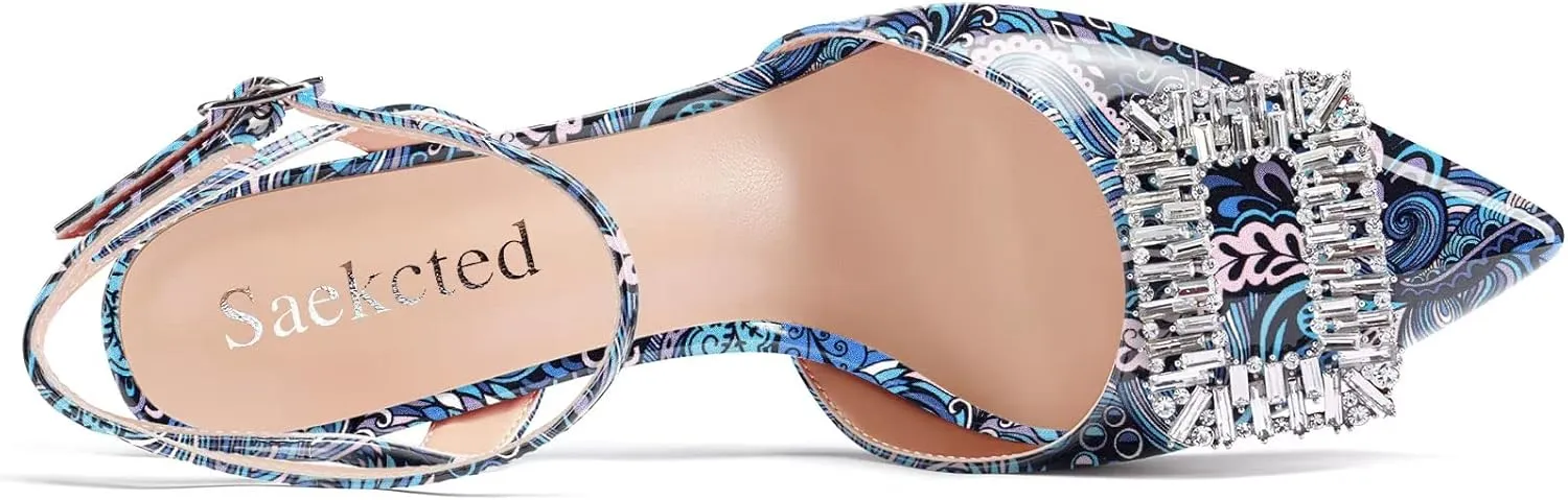 Saekcted Women Chunky Block High Heel Pointed Toe Sandals Ankle Strap Rhinestone Crystal Party Cute Shoes