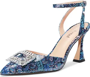 Saekcted Women Chunky Block High Heel Pointed Toe Sandals Ankle Strap Rhinestone Crystal Party Cute Shoes