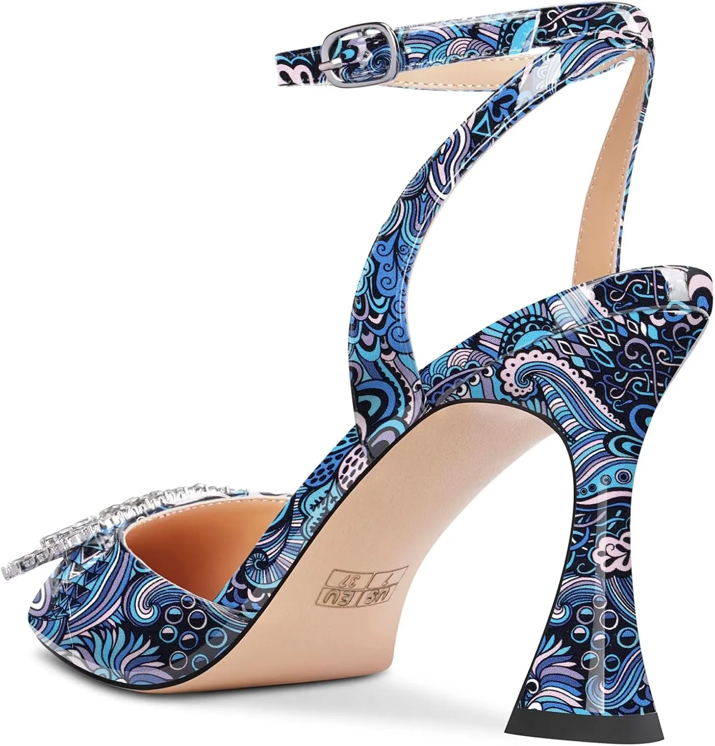 Saekcted Women Chunky Block High Heel Pointed Toe Sandals Ankle Strap Rhinestone Crystal Party Cute Shoes
