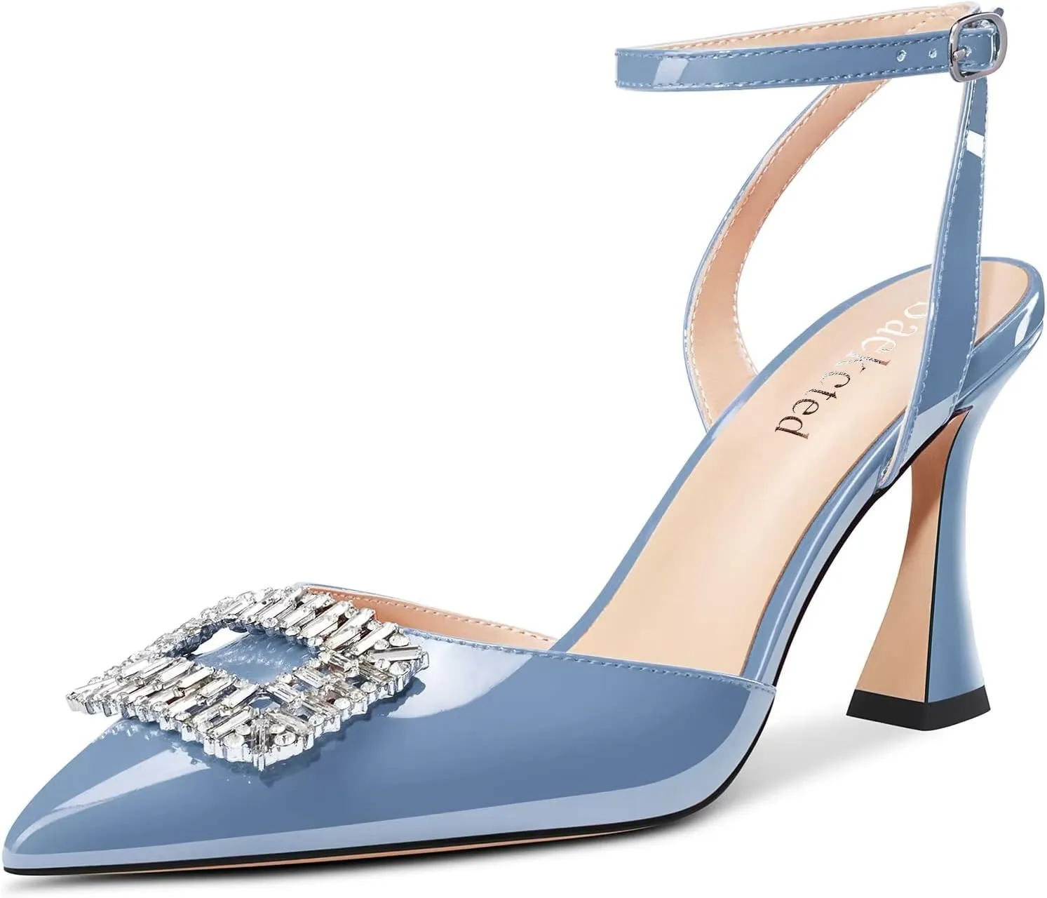 Saekcted Women Chunky Block High Heel Pointed Toe Sandals Ankle Strap Rhinestone Crystal Party Cute Shoes