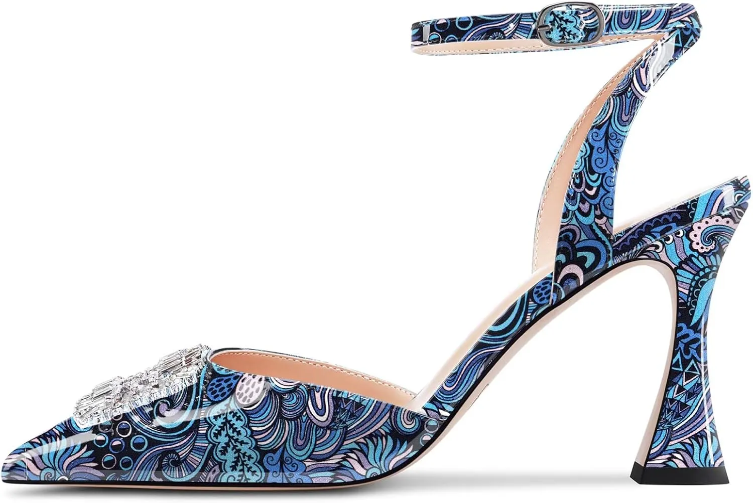 Saekcted Women Chunky Block High Heel Pointed Toe Sandals Ankle Strap Rhinestone Crystal Party Cute Shoes