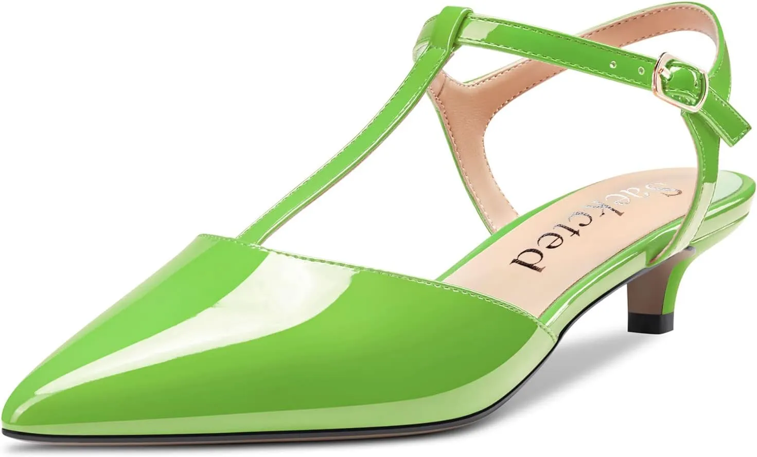 Saekcted Women Low Kitten Heel Pointed Toe T-Strap Ankle Strap Pumps Classic Cute Dress 1.4 Inches Heels