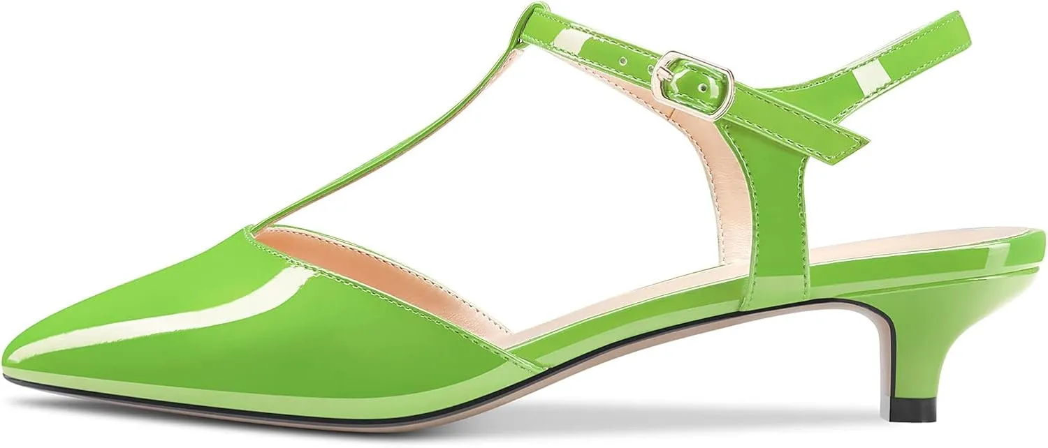 Saekcted Women Low Kitten Heel Pointed Toe T-Strap Ankle Strap Pumps Classic Cute Dress 1.4 Inches Heels