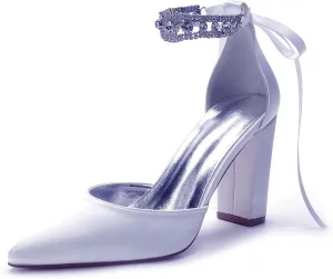 Sandal Satin Bridal Pointed Toe 9CM Block Heel Women's Ankle Strap Rhinestones Wedding Elegant Shoes Formal Pump Bowknot Strap,White,5