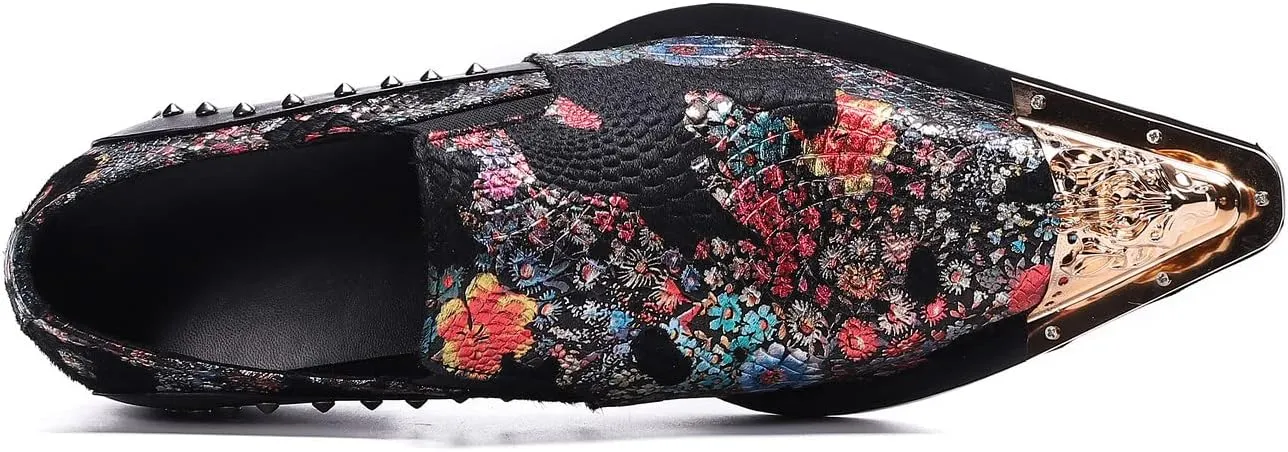 Santimon Mens Dress Loafers Floral Embroidered Leather Slip On Sequin Pointed Dragon Metal Tip Smoking Style Wedding Party Shoes