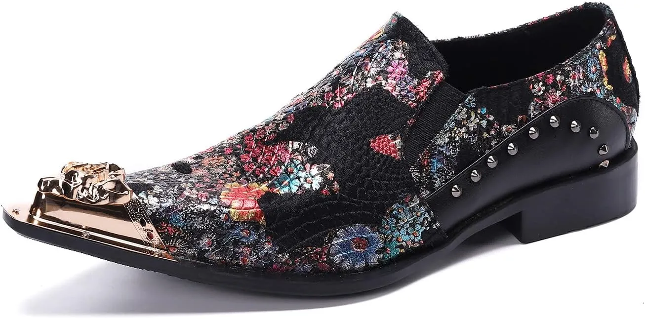 Santimon Mens Dress Loafers Floral Embroidered Leather Slip On Sequin Pointed Dragon Metal Tip Smoking Style Wedding Party Shoes