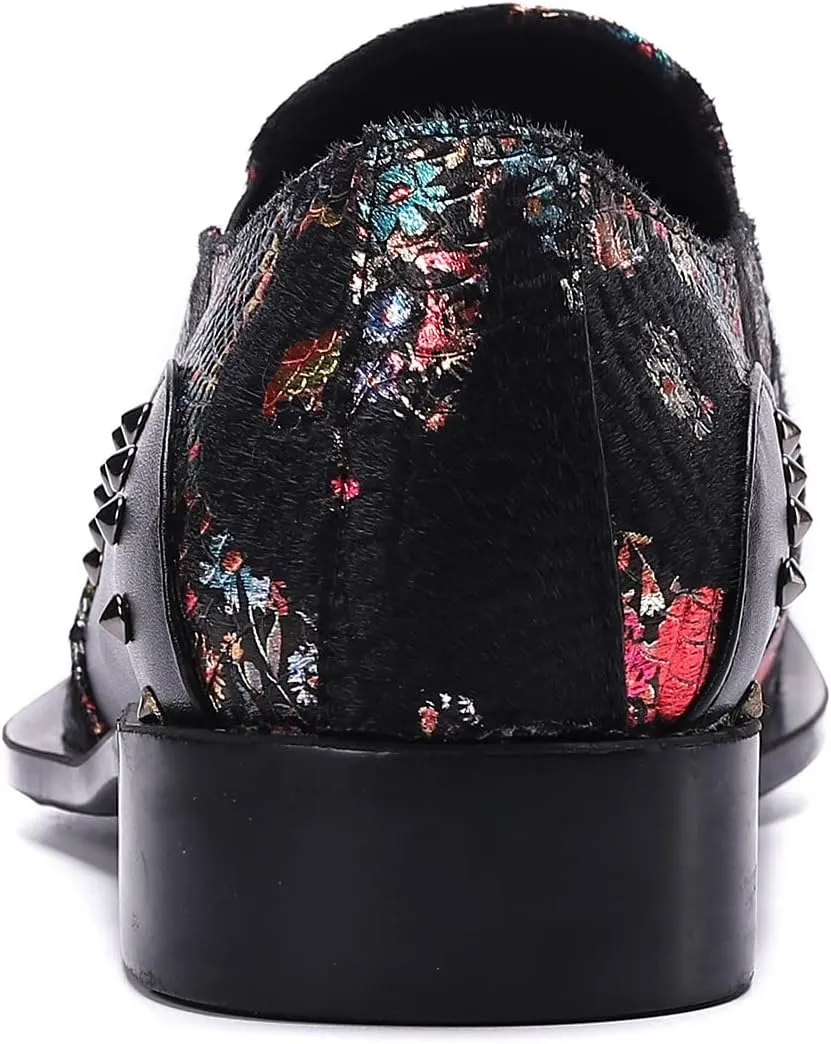 Santimon Mens Dress Loafers Floral Embroidered Leather Slip On Sequin Pointed Dragon Metal Tip Smoking Style Wedding Party Shoes