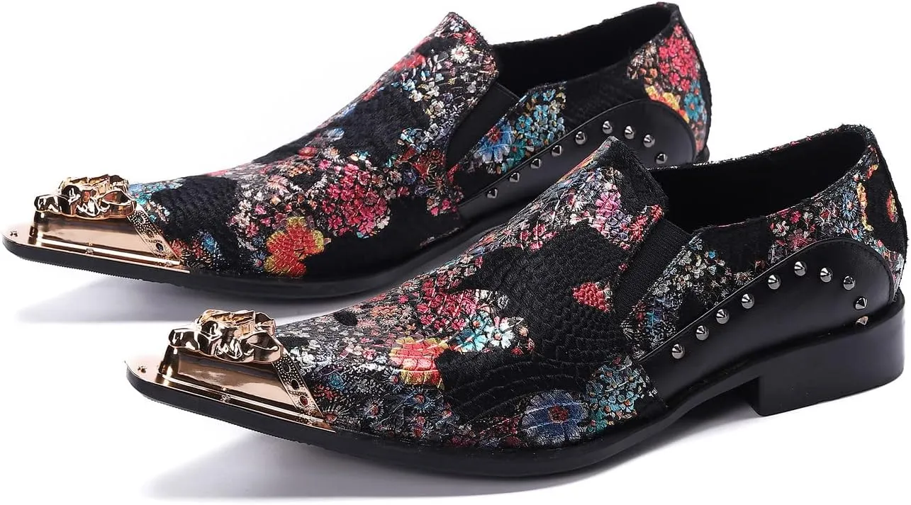 Santimon Mens Dress Loafers Floral Embroidered Leather Slip On Sequin Pointed Dragon Metal Tip Smoking Style Wedding Party Shoes