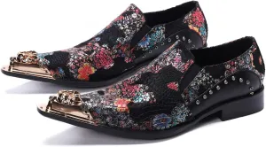 Santimon Mens Dress Loafers Floral Embroidered Leather Slip On Sequin Pointed Dragon Metal Tip Smoking Style Wedding Party Shoes