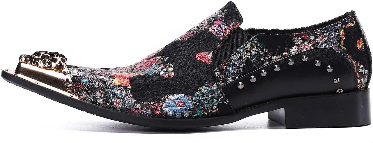 Santimon Mens Dress Loafers Floral Embroidered Leather Slip On Sequin Pointed Dragon Metal Tip Smoking Style Wedding Party Shoes