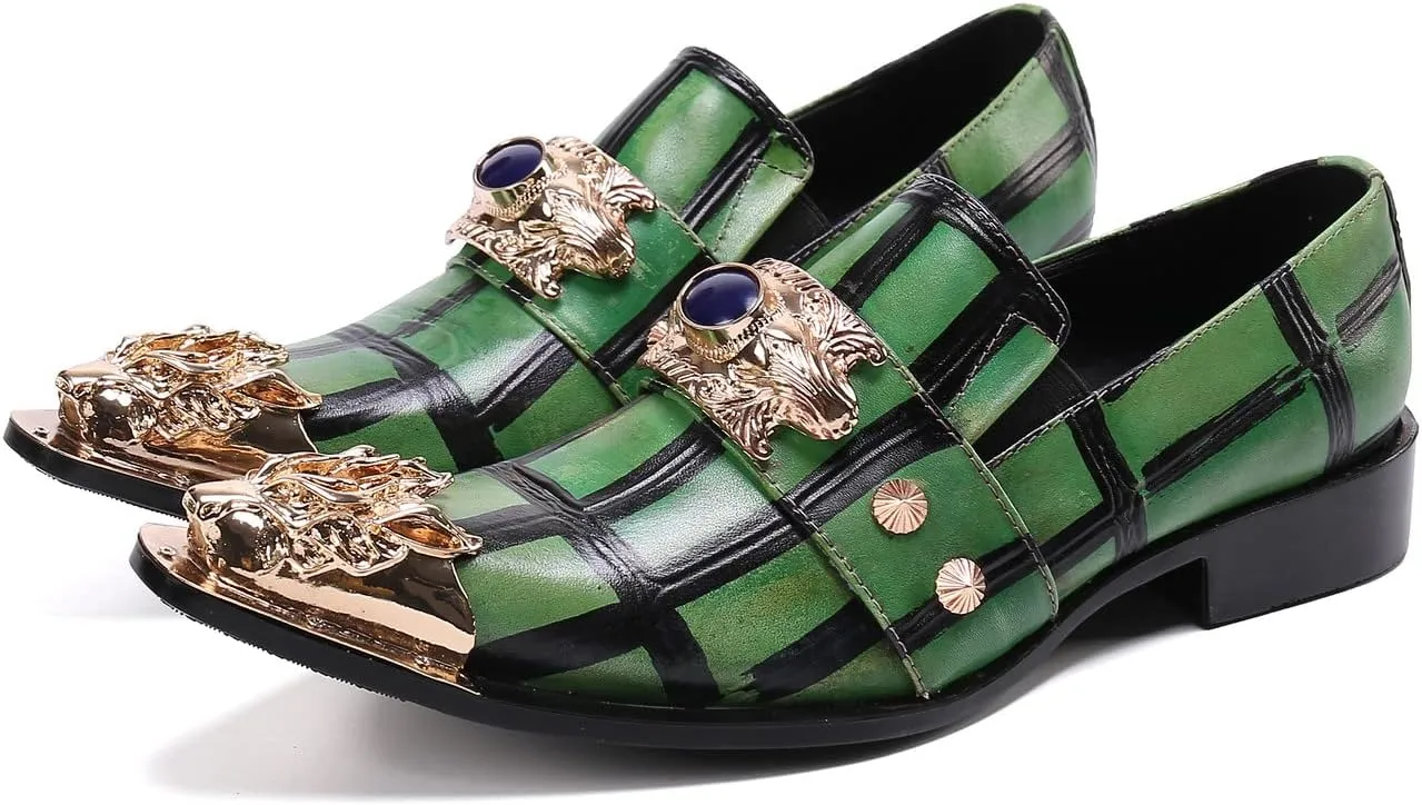 Santimon Men's Formal Dress Loafers Beaded Wedding Genuine Leather Unique Slip On Classic Smoking Shoes for Men