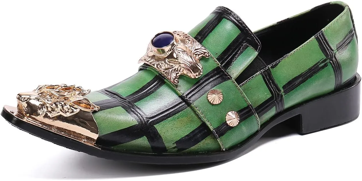 Santimon Men's Formal Dress Loafers Beaded Wedding Genuine Leather Unique Slip On Classic Smoking Shoes for Men