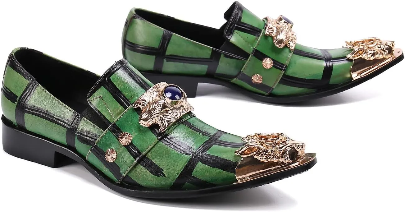 Santimon Men's Formal Dress Loafers Beaded Wedding Genuine Leather Unique Slip On Classic Smoking Shoes for Men