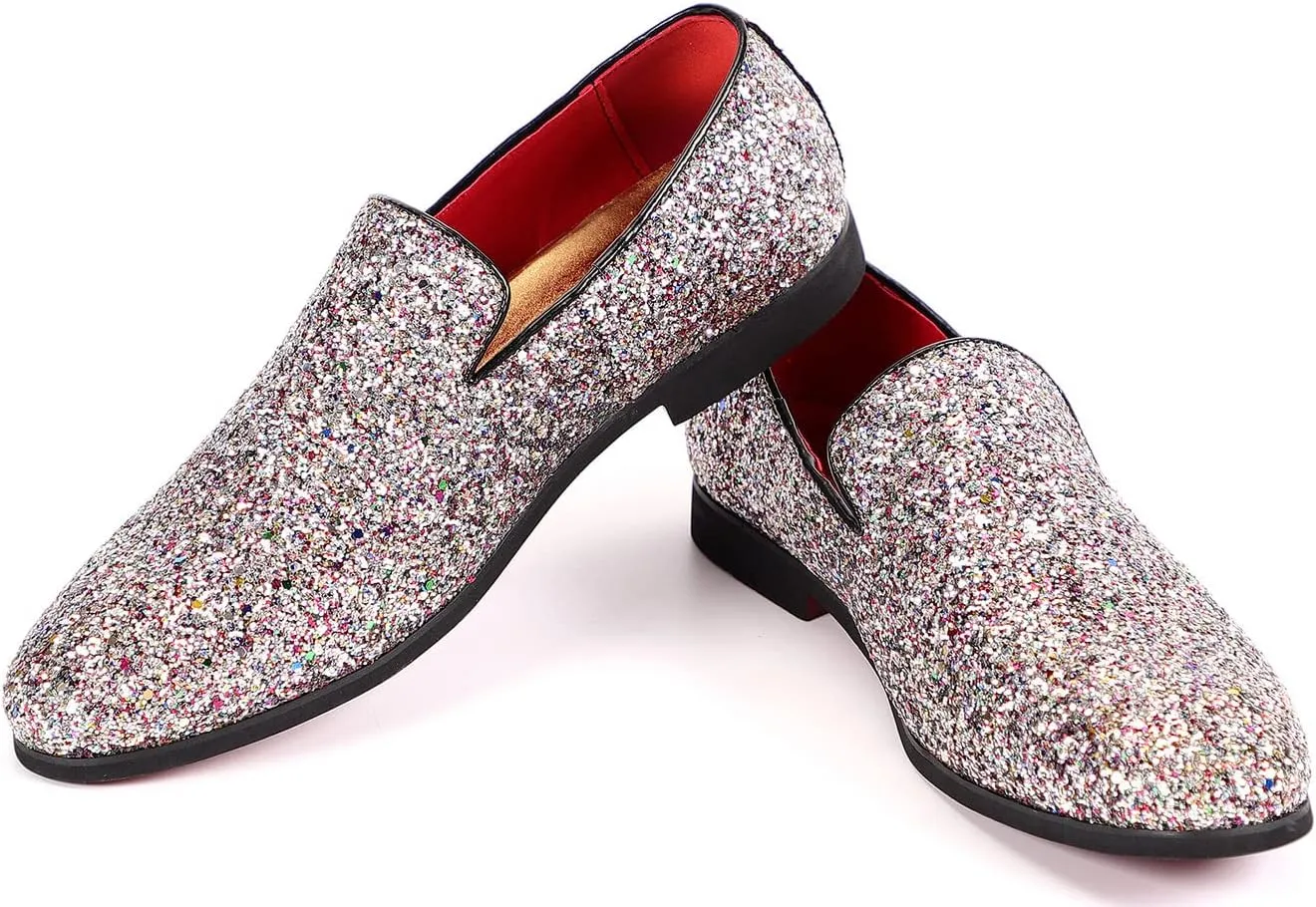 Santimon Mens Glitter Loafers Slip-On Dress Shoes – Sparkly Tuxedo & Suit Shoes for Weddings, Parties, and Formal Events