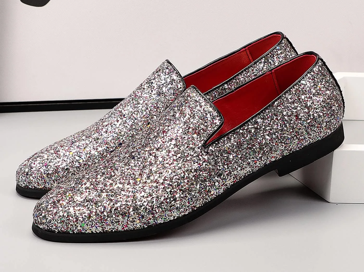 Santimon Mens Glitter Loafers Slip-On Dress Shoes – Sparkly Tuxedo & Suit Shoes for Weddings, Parties, and Formal Events
