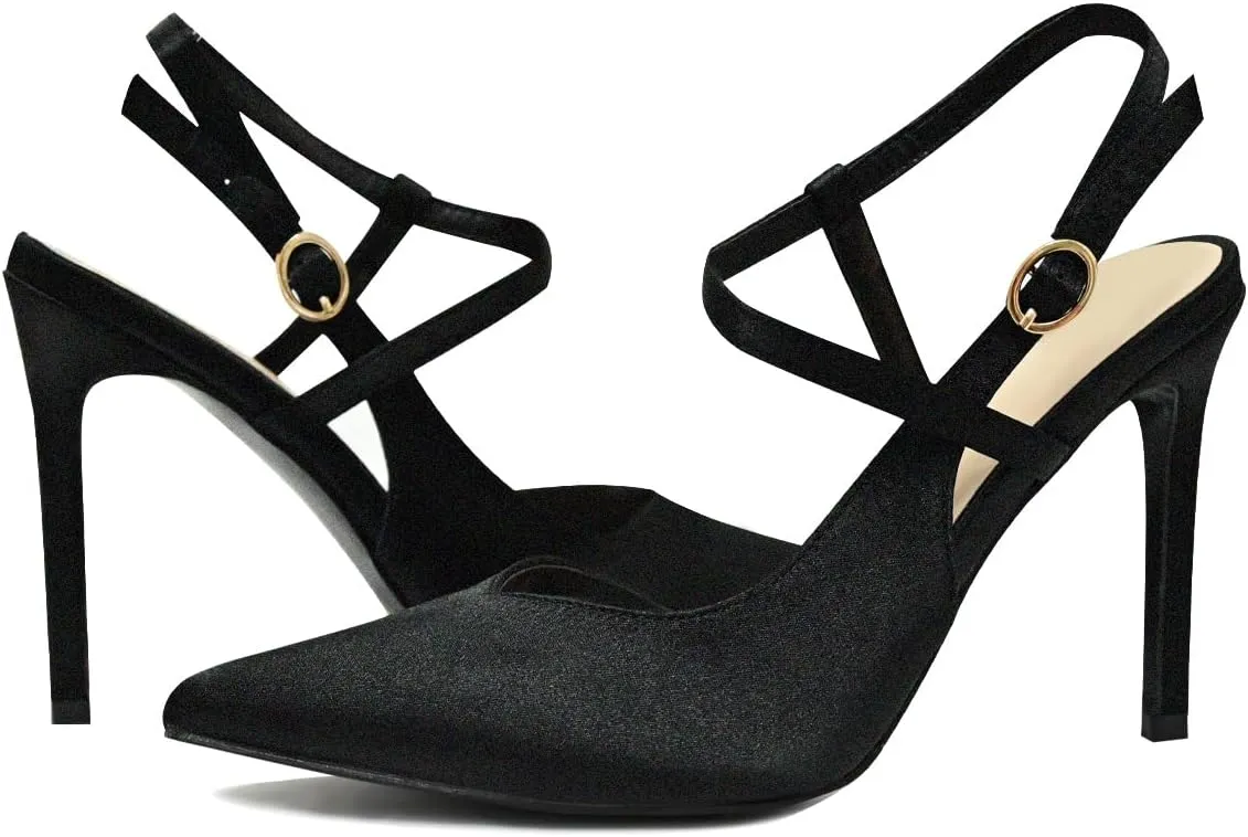 Satin Stiletto Heels for Women Closed Pointed Toe High Heel Slingback Ankle Strap Pumps Sandals for Wedding Bride Dress