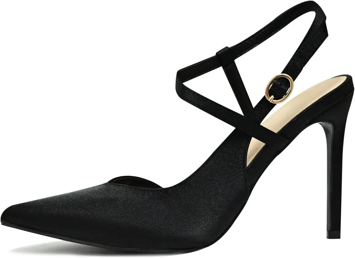 Satin Stiletto Heels for Women Closed Pointed Toe High Heel Slingback Ankle Strap Pumps Sandals for Wedding Bride Dress