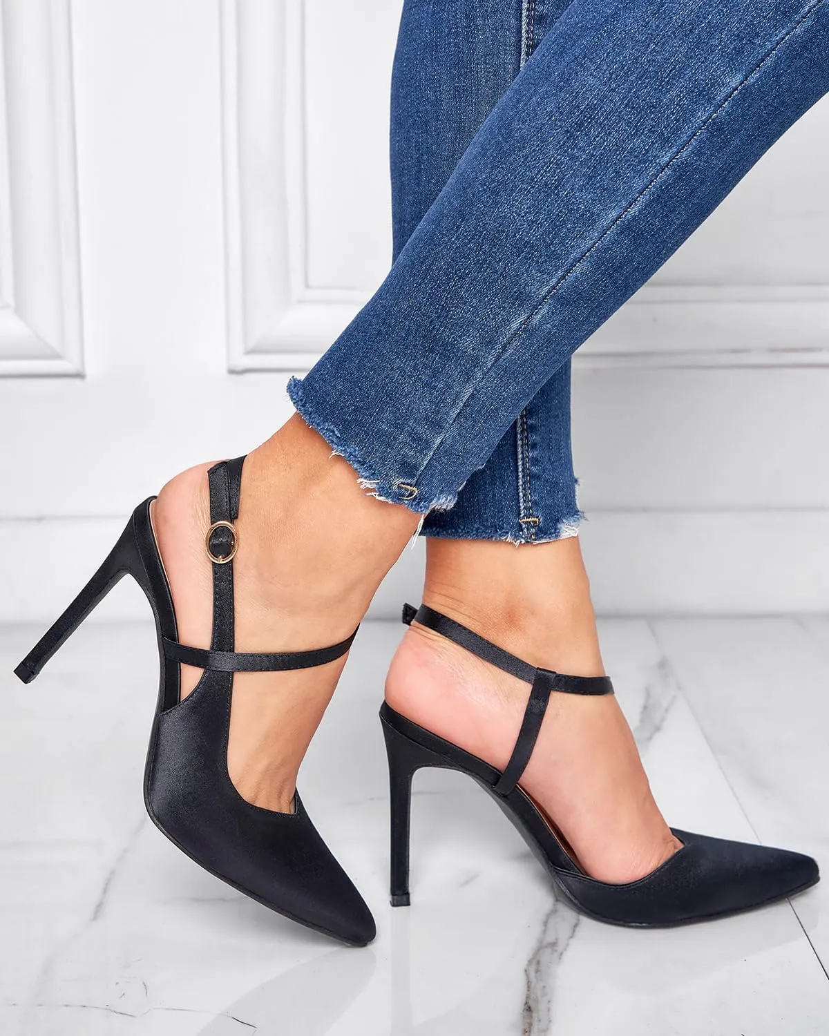 Satin Stiletto Heels for Women Closed Pointed Toe High Heel Slingback Ankle Strap Pumps Sandals for Wedding Bride Dress