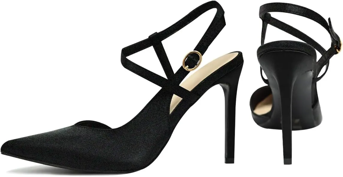 Satin Stiletto Heels for Women Closed Pointed Toe High Heel Slingback Ankle Strap Pumps Sandals for Wedding Bride Dress
