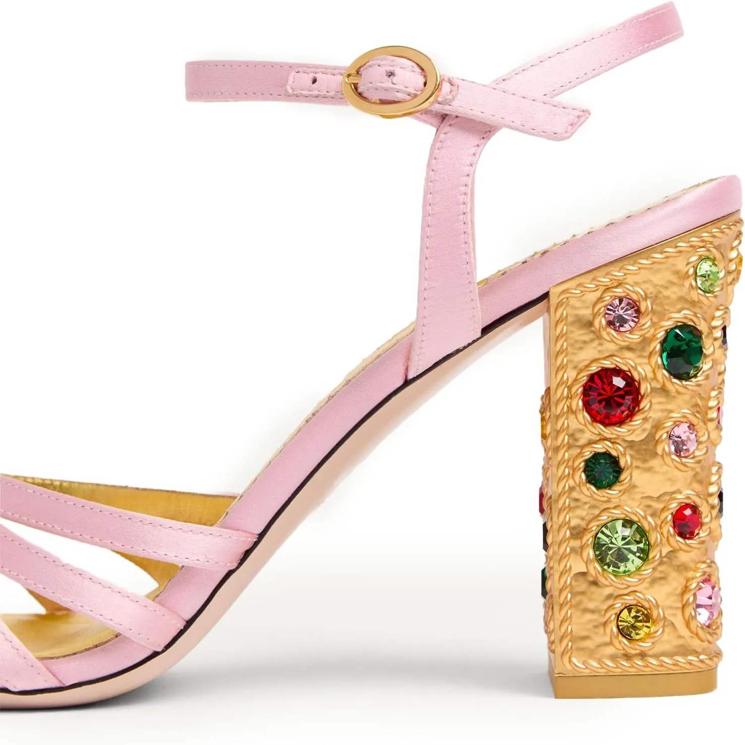Satin Strappy Slingback Block Heel Sandals for Womens – 3.5 Inch Crystal Chunky Heels Square Open Toe Vintage Gold Ankle Strap Dress Shoes