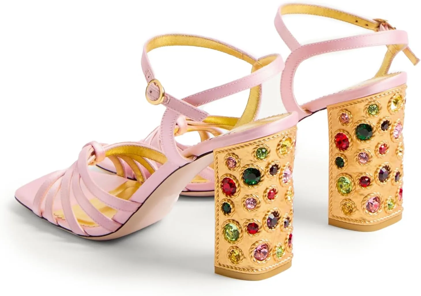 Satin Strappy Slingback Block Heel Sandals for Womens – 3.5 Inch Crystal Chunky Heels Square Open Toe Vintage Gold Ankle Strap Dress Shoes