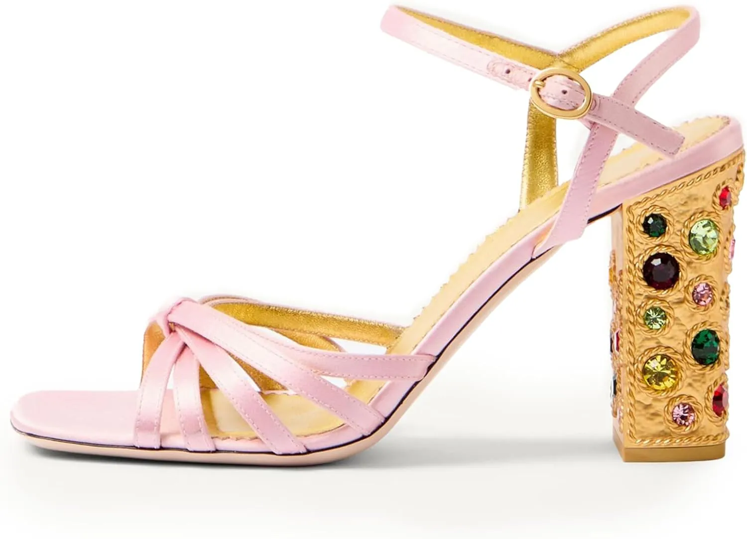 Satin Strappy Slingback Block Heel Sandals for Womens – 3.5 Inch Crystal Chunky Heels Square Open Toe Vintage Gold Ankle Strap Dress Shoes