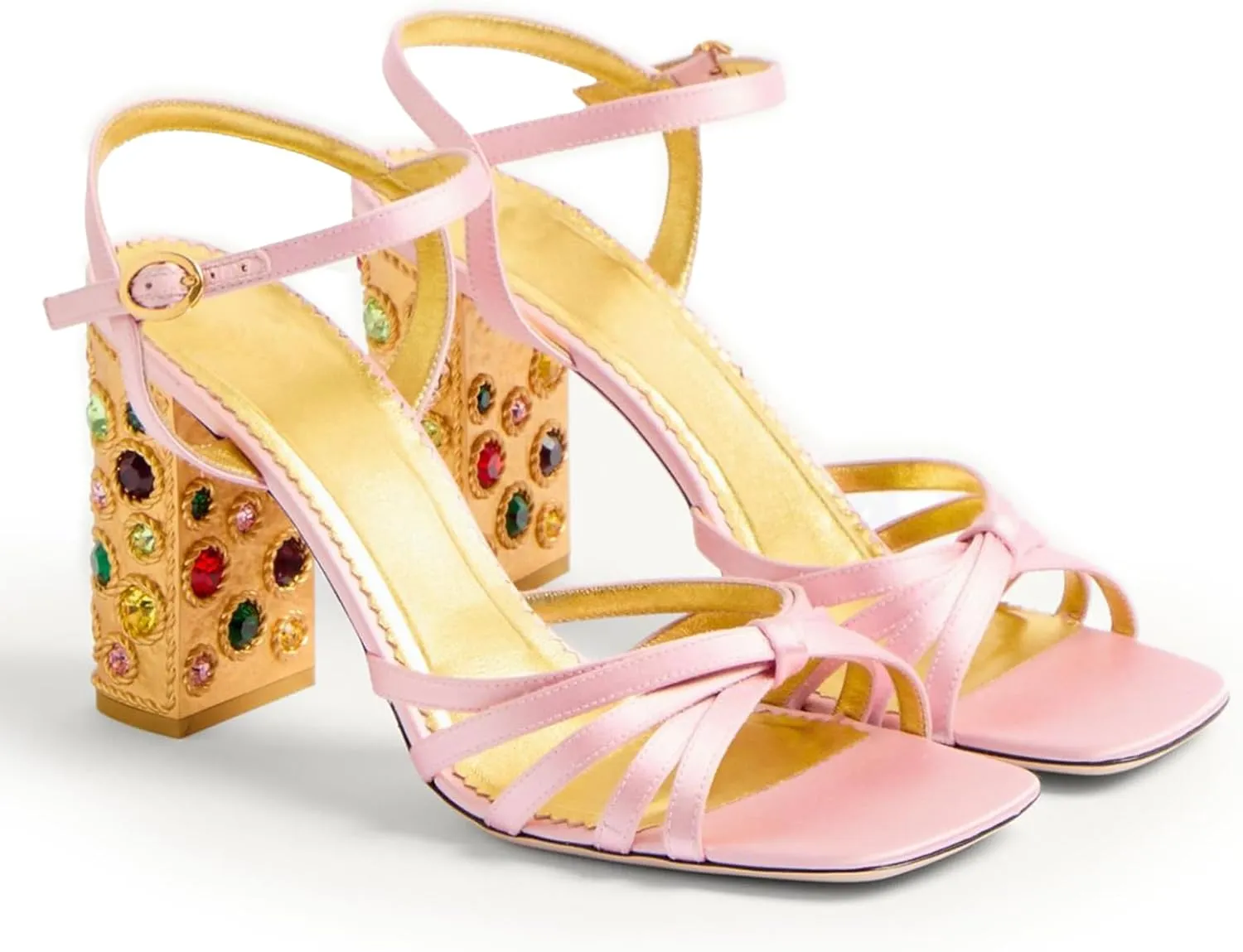 Satin Strappy Slingback Block Heel Sandals for Womens – 3.5 Inch Crystal Chunky Heels Square Open Toe Vintage Gold Ankle Strap Dress Shoes