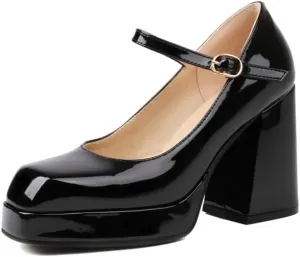 SEIFIN Women's Chunky High Heels Platform Mary Jane Pumps Block Heel for Women Ankle Strap Closed Square Toe Chunky Block High Heel Sandals Party Shoes