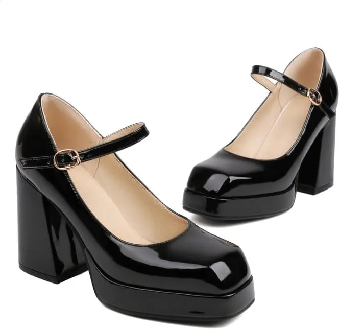 SEIFIN Women's Chunky High Heels Platform Mary Jane Pumps Block Heel for Women Ankle Strap Closed Square Toe Chunky Block High Heel Sandals Party Shoes