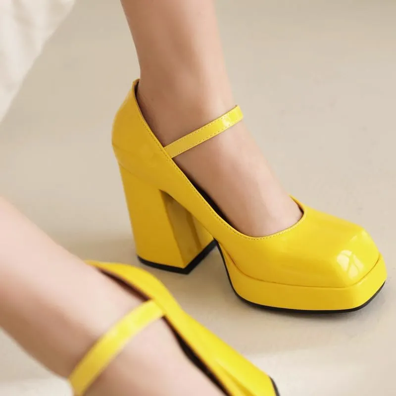 SEIFIN Women's Chunky High Heels Platform Mary Jane Pumps Block Heel for Women Ankle Strap Closed Square Toe Chunky Block High Heel Sandals Party Shoes