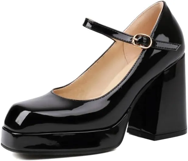SEIFIN Women's Chunky High Heels Platform Mary Jane Pumps Block Heel for Women Ankle Strap Closed Square Toe Chunky Block High Heel Sandals Party Shoes