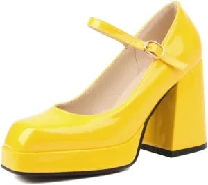 SEIFIN Women's Chunky High Heels Platform Mary Jane Pumps Block Heel for Women Ankle Strap Closed Square Toe Chunky Block High Heel Sandals Party Shoes
