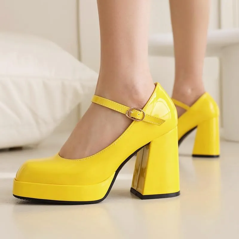 SEIFIN Women's Chunky High Heels Platform Mary Jane Pumps Block Heel for Women Ankle Strap Closed Square Toe Chunky Block High Heel Sandals Party Shoes