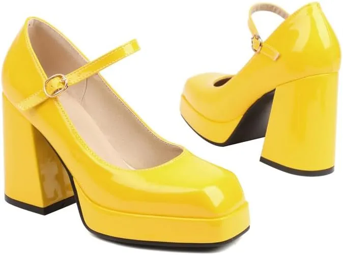 SEIFIN Women's Chunky High Heels Platform Mary Jane Pumps Block Heel for Women Ankle Strap Closed Square Toe Chunky Block High Heel Sandals Party Shoes