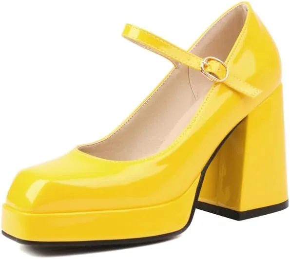 SEIFIN Women's Chunky High Heels Platform Mary Jane Pumps Block Heel for Women Ankle Strap Closed Square Toe Chunky Block High Heel Sandals Party Shoes