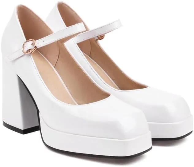 SEIFIN Women's Chunky High Heels Platform Mary Jane Pumps Block Heel for Women Ankle Strap Closed Square Toe Chunky Block High Heel Sandals Party Shoes