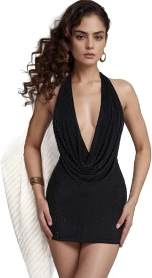 Sexy Dress for Women Halter Neck Low-Cut Backless Slim-Fitting Hip-Wrapped Short Style Fashionable Elegant Glossy