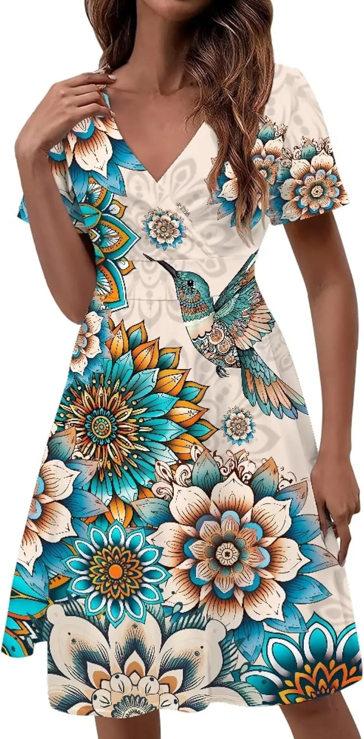 Sexy V Neck Dresses for Women Dress Casual Summer Fit and Flare Dresses Elegant Party Flowy Swing Skate Dress