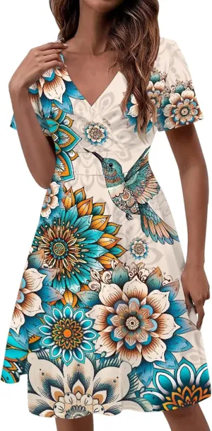 Sexy V Neck Dresses for Women Dress Casual Summer Fit and Flare Dresses Elegant Party Flowy Swing Skate Dress