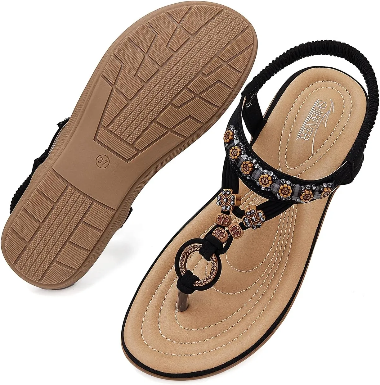 SHIBEVER Womens Sandals Summer Bohemian Flat Sandals Shoes with Elastic Strap Dressy Sandal