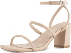 Shoe'N Tale Strappy Heels for Women Ankle Buckle Chunky Heels Square Toe Heeled Sandals