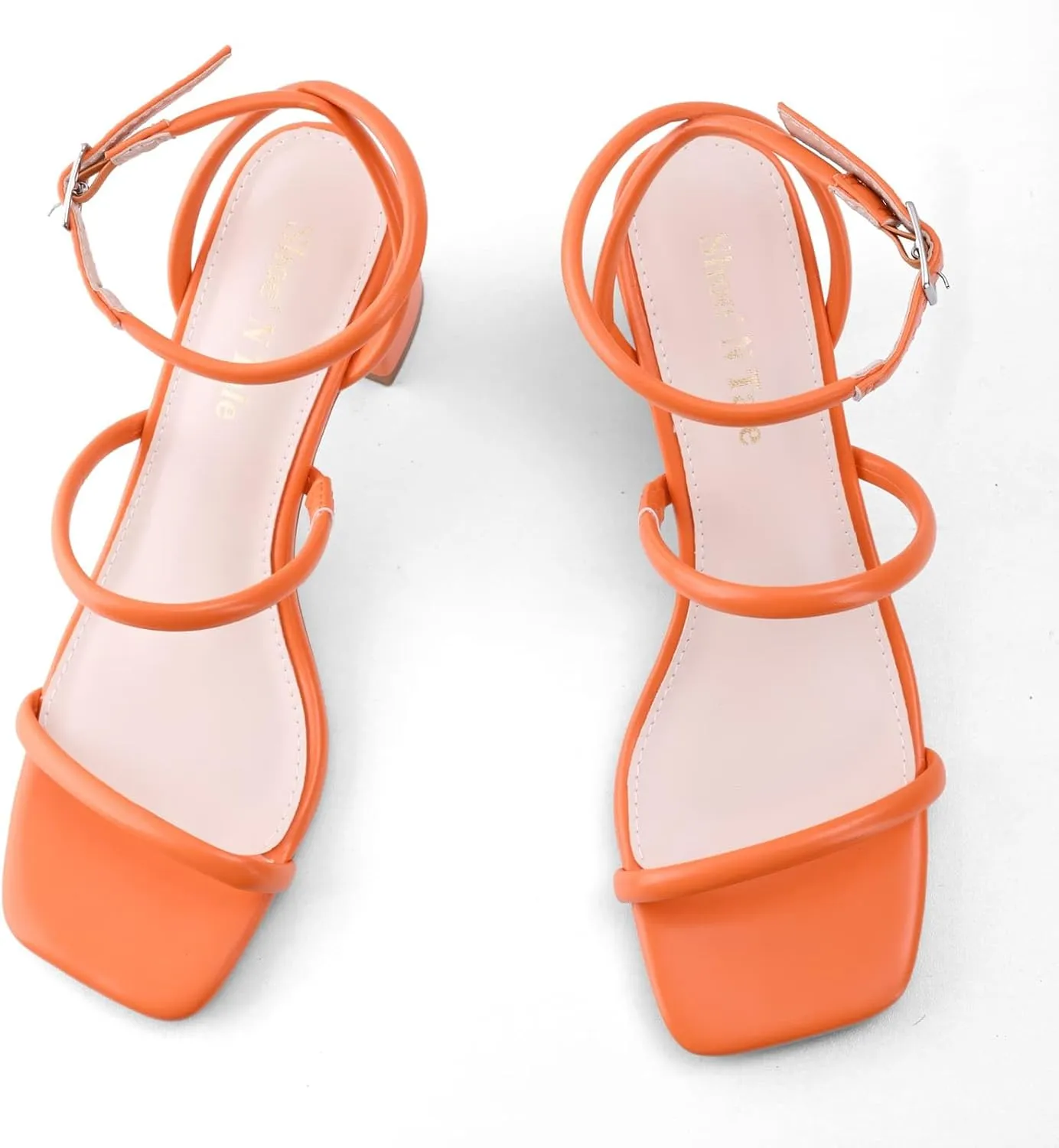Shoe'N Tale Strappy Heels for Women Ankle Buckle Chunky Heels Square Toe Heeled Sandals