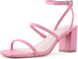 Shoe'N Tale Strappy Heels for Women Ankle Buckle Chunky Heels Square Toe Heeled Sandals