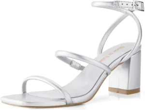 Shoe'N Tale Strappy Heels for Women Ankle Buckle Chunky Heels Square Toe Heeled Sandals